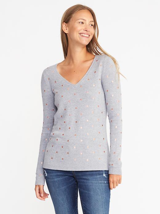 Semi-Fitted Metallic-Dot V-Neck Sweater for Women | Old Navy