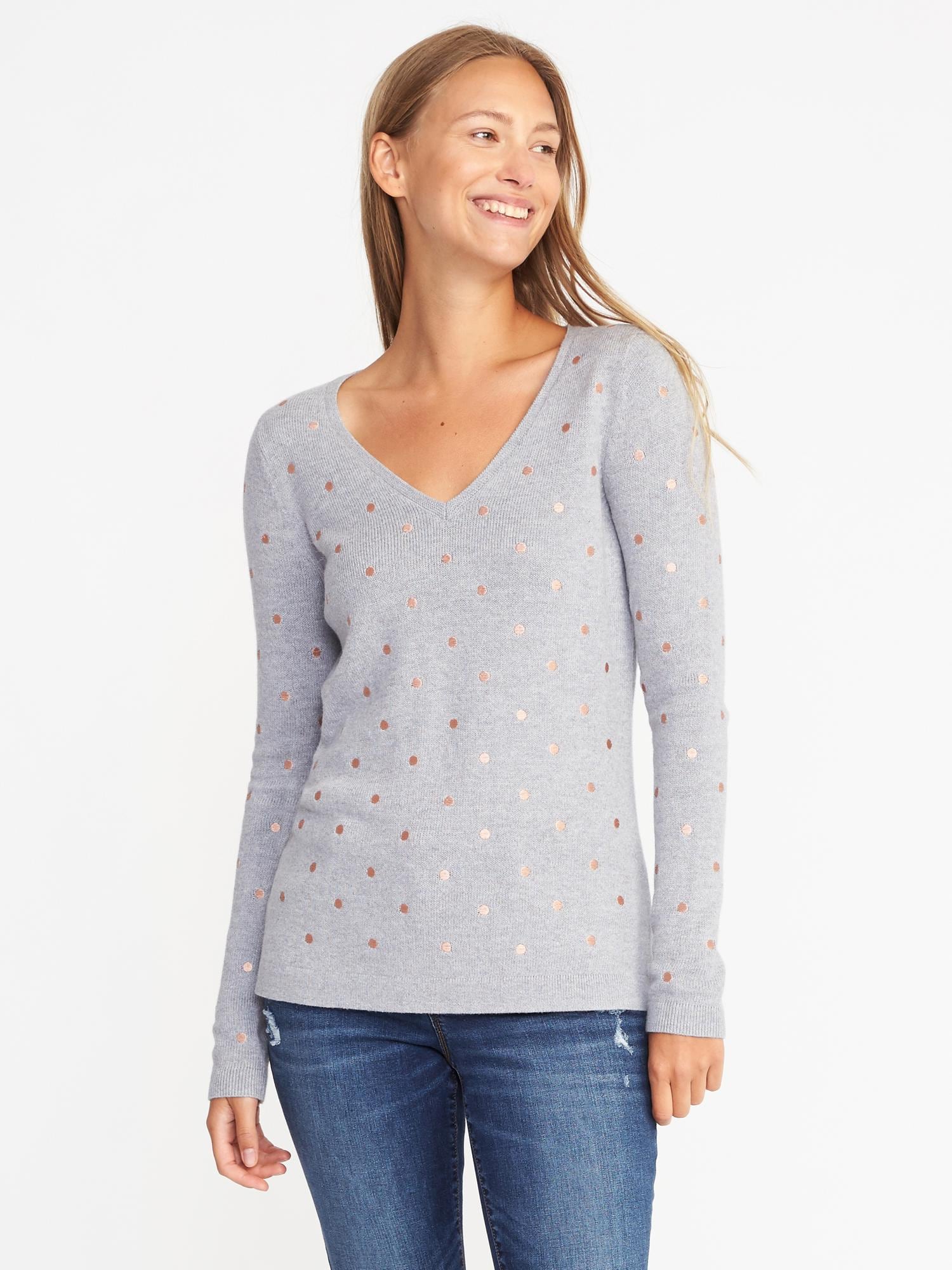 Semi-Fitted Metallic-Dot V-Neck Sweater for Women | Old Navy