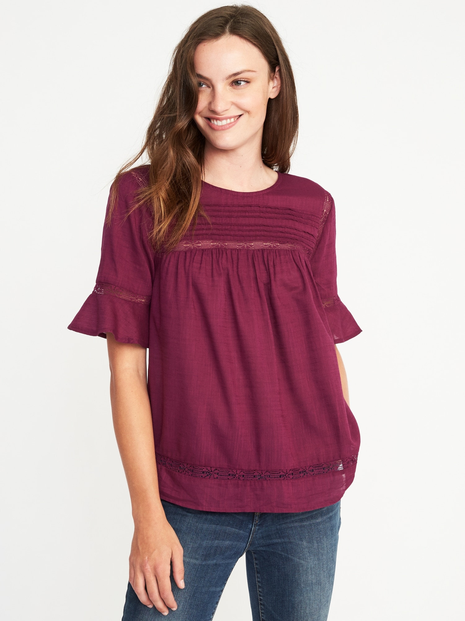 Pintucked Lace-Trim Blouse For Women | Old Navy