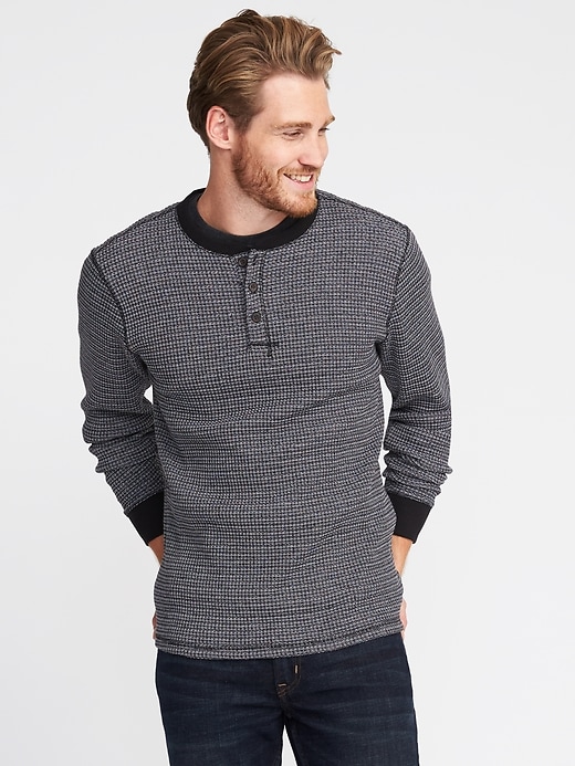 View large product image 1 of 1. Premium Chunky Waffle-Knit Henley for Men