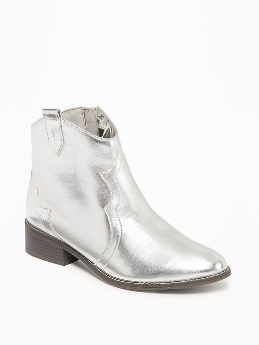 View large product image 1 of 3. Silver-Metallic Western Ankle Boots for Girls