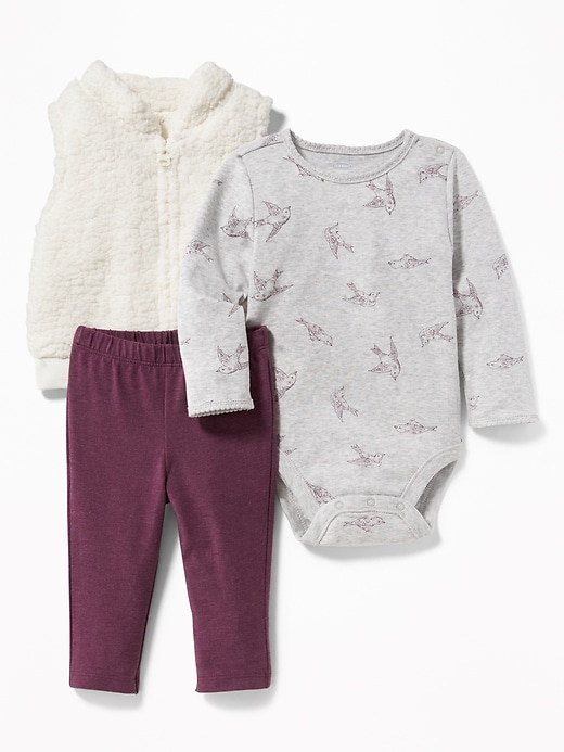 View large product image 1 of 1. Sherpa Vest, Printed Bodysuit & Leggings 3-Piece Set for Baby