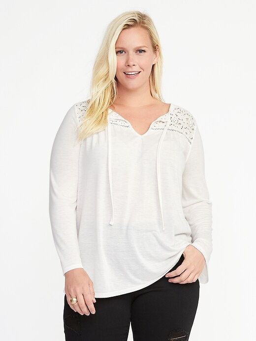 View large product image 1 of 1. Plus-Size Lace-Yoke Tie-Neck Top