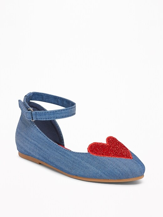 View large product image 1 of 4. Chambray Sparkle-Heart Flats for Toddler Girls