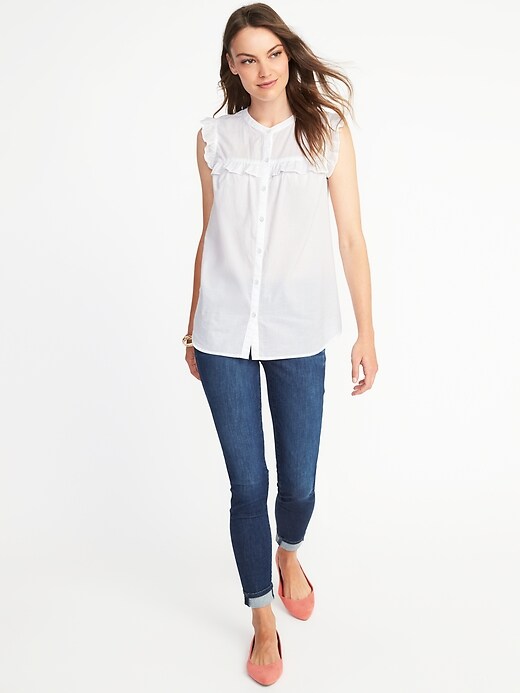 Relaxed Button-Front Ruffle-Trim Top for Women | Old Navy