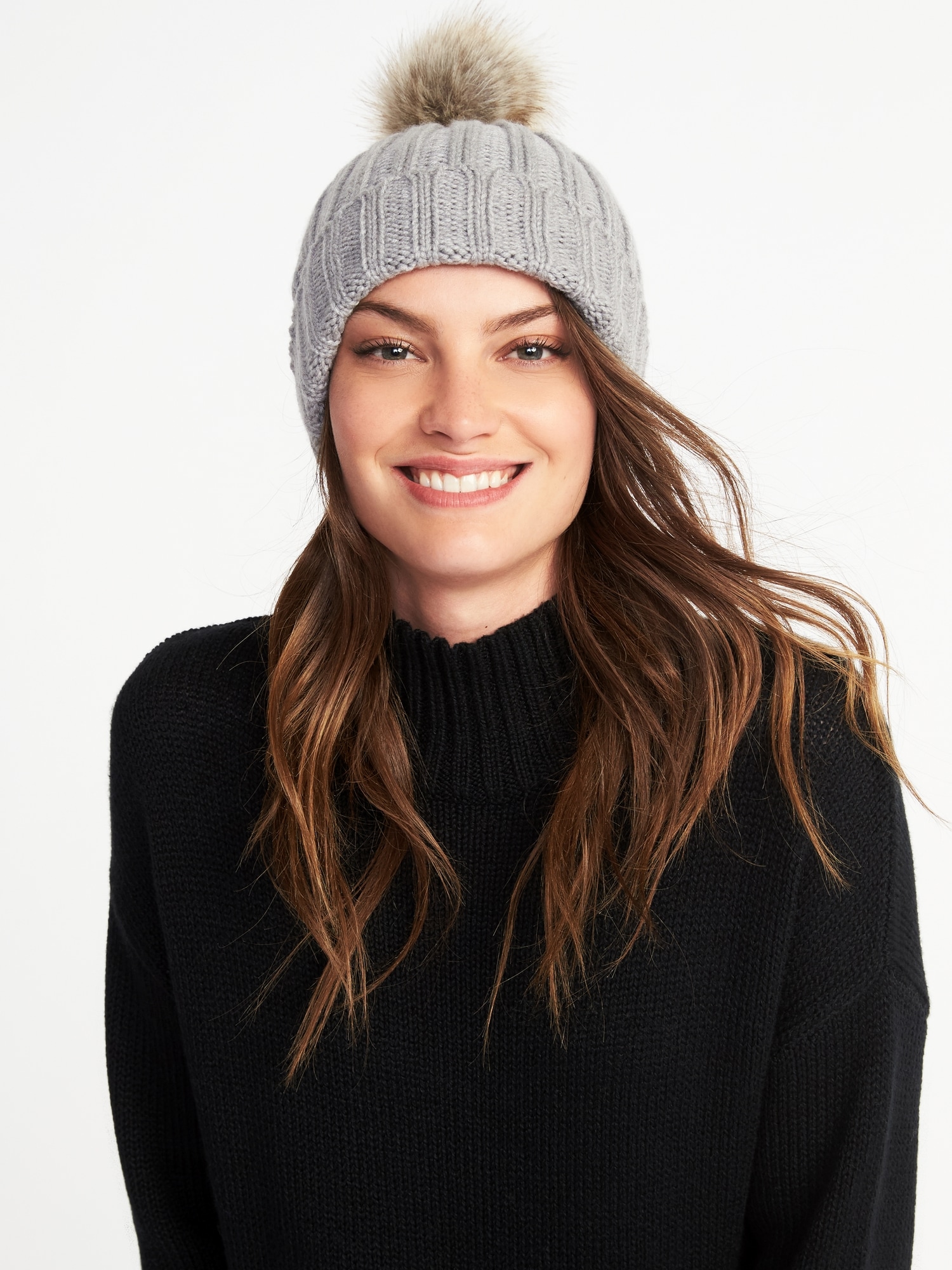 Faux-Fur Pom-Pom Beanie for Women