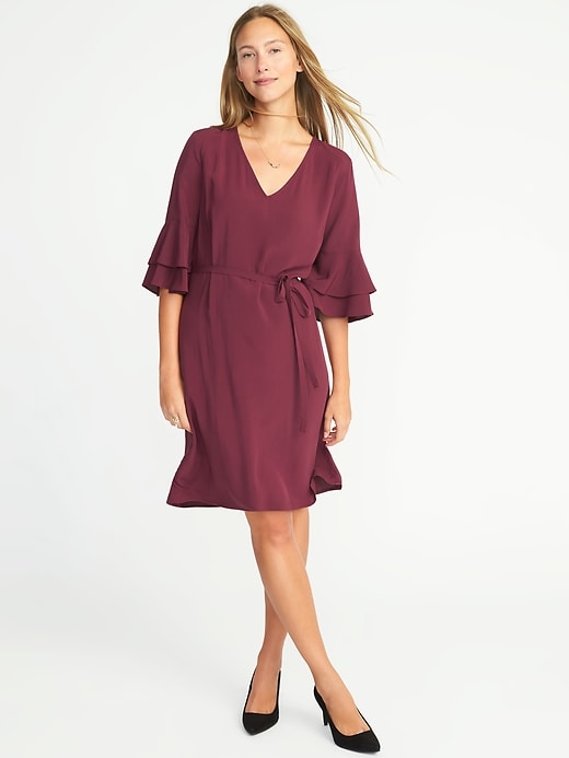 Image number 1 showing, Ruffle-Sleeve Tie-Waist Shift Dress for Women