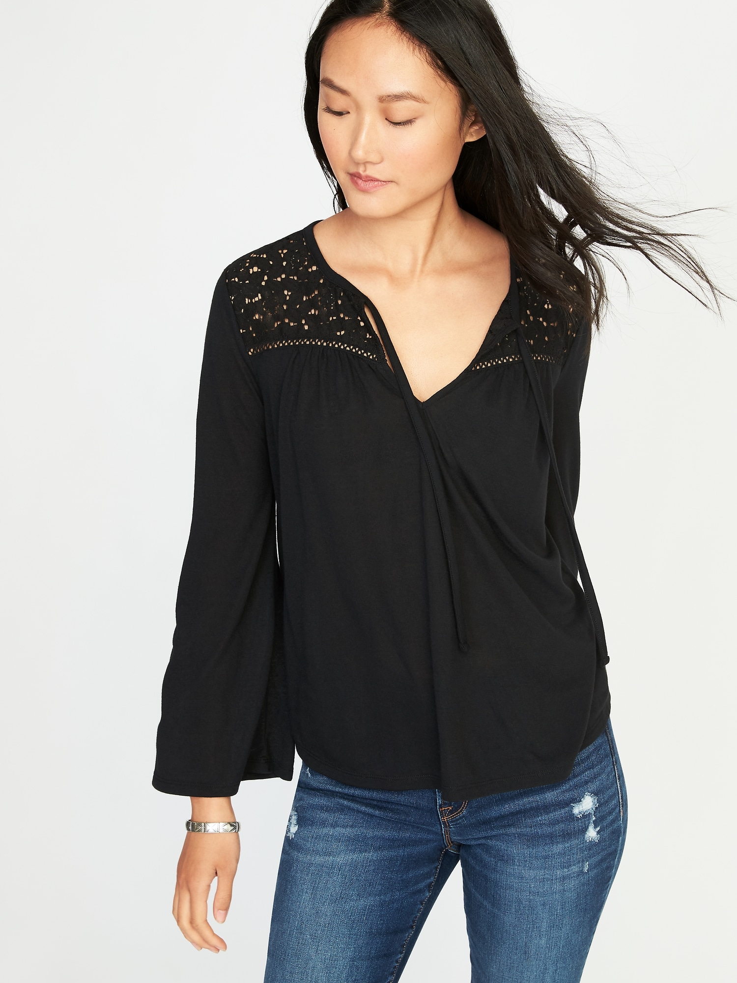 Lace-Yoke Tie-Neck Top for Women | Old Navy