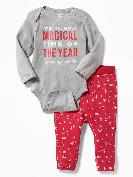 View large product image 1 of 1. Holiday-Graphic Bodysuit & Patterned Pants Set for Baby