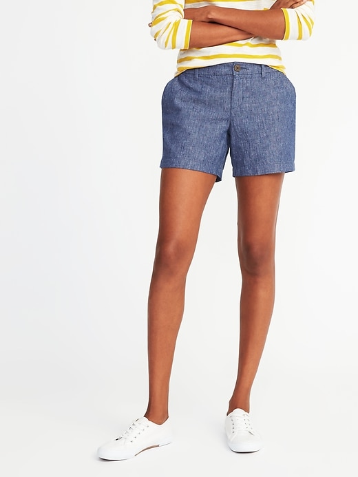 View large product image 1 of 3. Relaxed Mid-Rise Linen-Blend Shorts For Women - 5 inch inseam