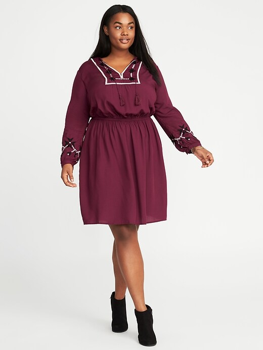 Image number 1 showing, Embroidered Plus-Size Cinched-Waist Dress