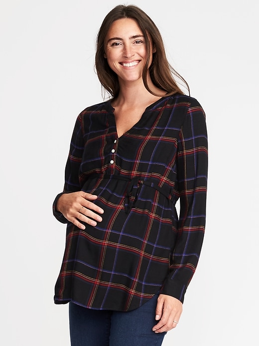 Image number 1 showing, Maternity Tie-Waist Plaid Tunic