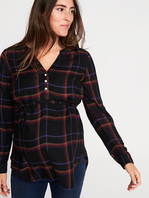 Image number 4 showing, Maternity Tie-Waist Plaid Tunic