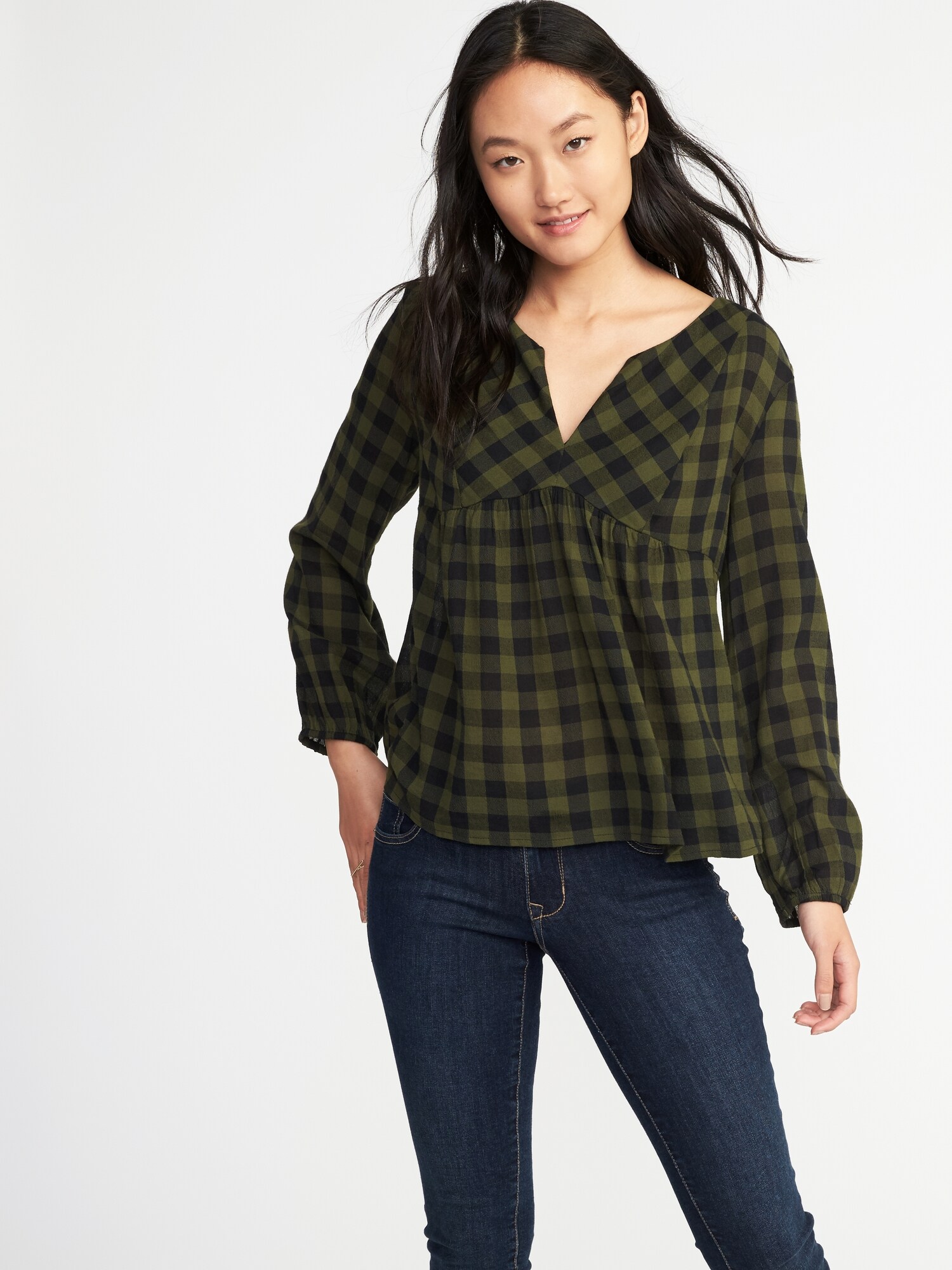 Relaxed Plaid Split-Neck Top for Women | Old Navy
