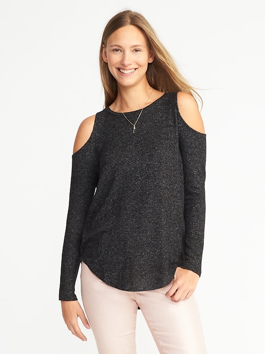 Image number 1 showing, Relaxed Plush-Knit Cold-Shoulder Top for Women