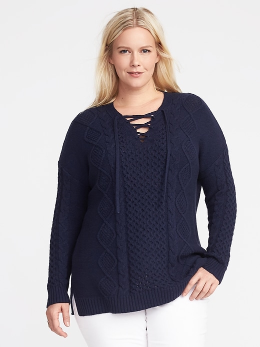 View large product image 1 of 1. Plus-Size Lace-Yoke Cable-Knit Sweater