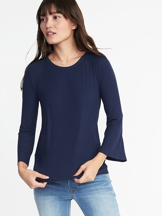 Image number 1 showing, Rib-Knit Bell-Sleeve Top for Women