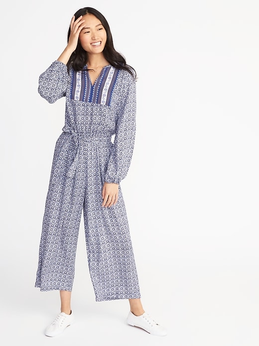 Image number 1 showing, Printed Tie-Waist Jumpsuit for Women