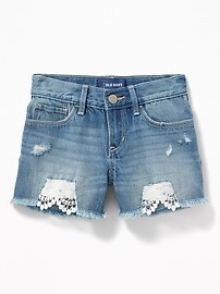 View large product image 3 of 3. Distressed Lace-Trim Denim Cut-Offs for Girls