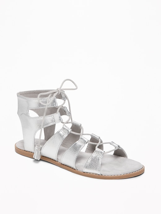 Image number 1 showing, Silver-Metallic Lace-Up Gladiator Sandals for Women