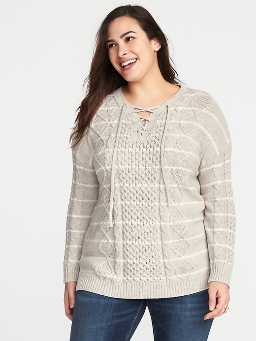 Image number 1 showing, Plus-Size Lace-Yoke Cable-Knit Sweater