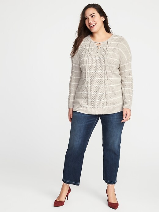 Image number 3 showing, Plus-Size Lace-Yoke Cable-Knit Sweater