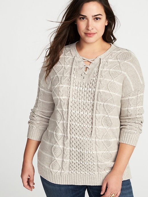 Image number 4 showing, Plus-Size Lace-Yoke Cable-Knit Sweater