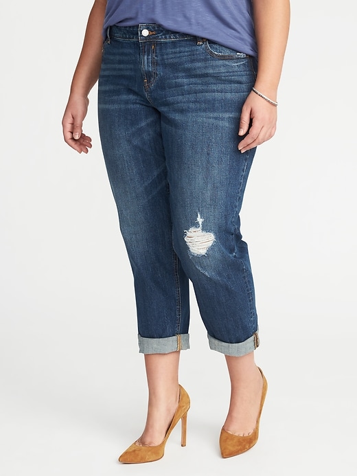 View large product image 1 of 1. Mid-Rise Plus-Size Boyfriend Skinny Distressed Jeans
