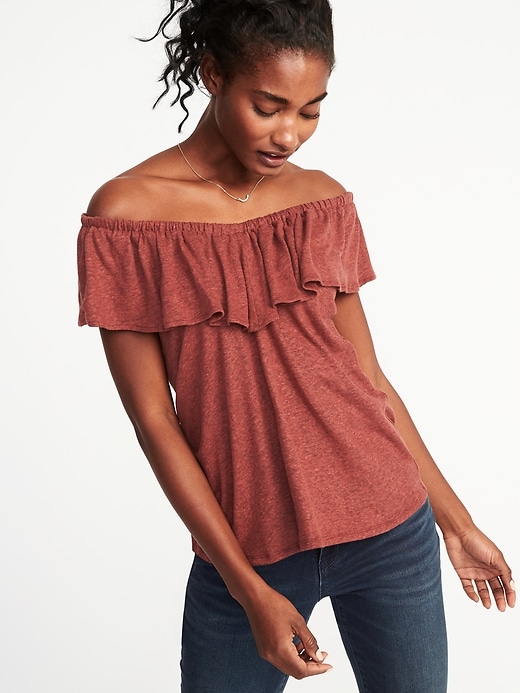 View large product image 1 of 1. Relaxed Off-the-Shoulder Linen-Blend Top for Women