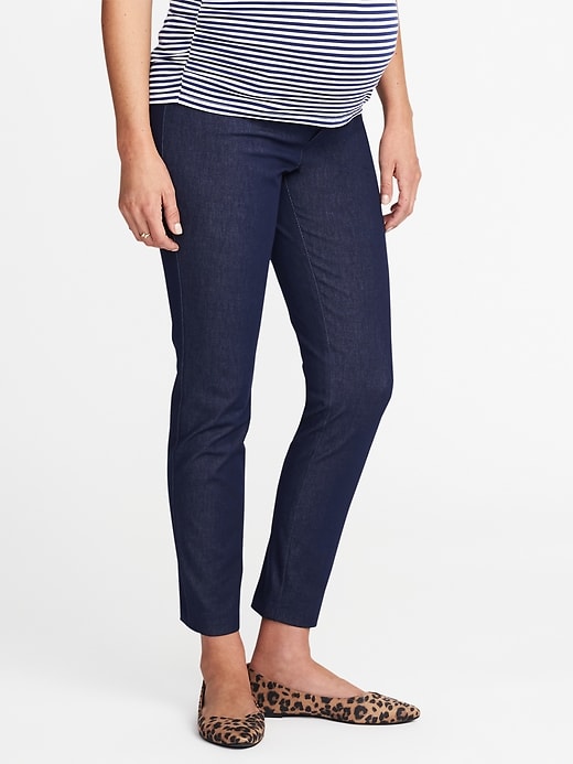 View large product image 1 of 3. Maternity Side-Panel Denim-Look Pixie Pants