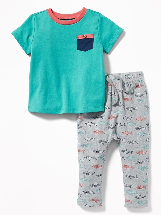 View large product image 1 of 2. Chest-Pocket Tee & Printed Jersey Pants Set for Baby