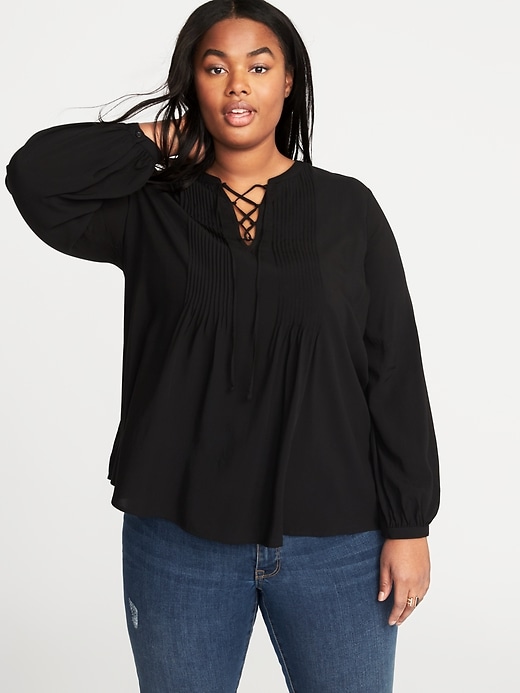 View large product image 1 of 1. Plus-Size Lace-Up-Yoke Pintuck Blouse