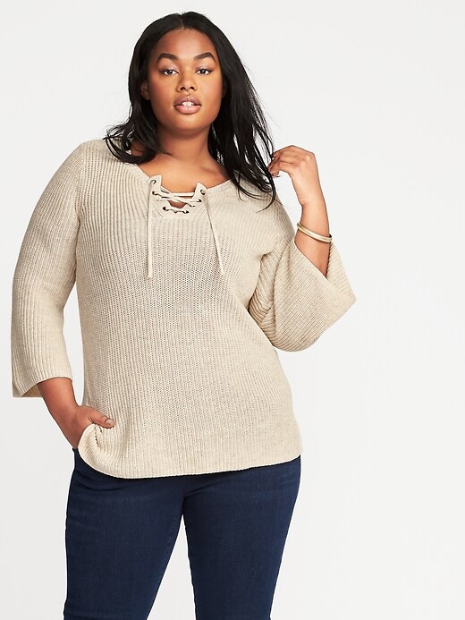 View large product image 1 of 1. Lace-Up Bell-Sleeve Plus-Size Sweater