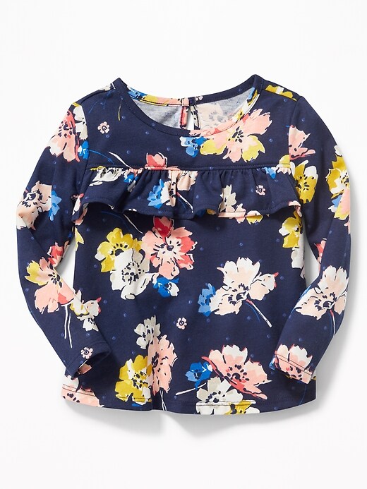 View large product image 1 of 2. Ruffled-Yoke Floral Jersey Top for Toddler Girls