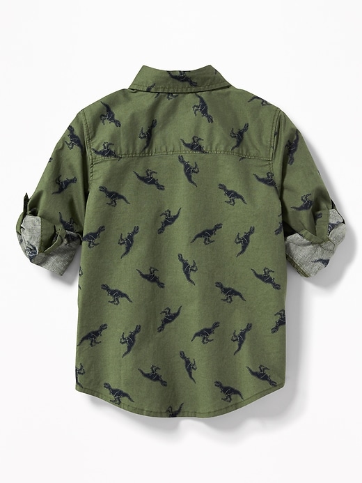 View large product image 2 of 4. Dinosaur-Print Roll-Sleeve Built-In Flex Shirt for Toddler Boys