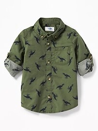 View large product image 4 of 4. Dinosaur-Print Roll-Sleeve Built-In Flex Shirt for Toddler Boys
