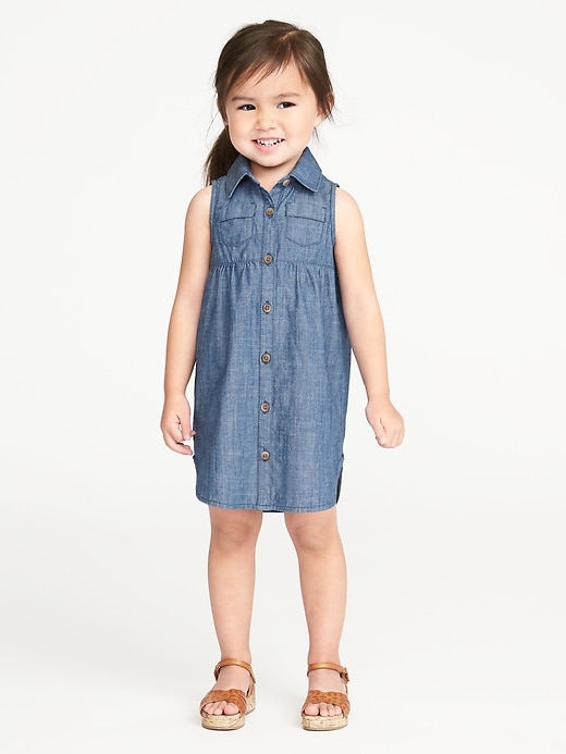 View large product image 1 of 3. Sleeveless Chambray Shirt Dress for Toddler Girls