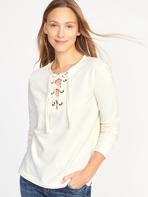 Image number 1 showing, Relaxed Lace-Up French-Terry Sweatshirt for Women