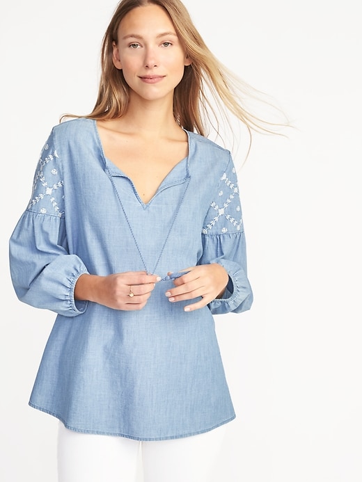 Image number 1 showing, Tassel-Tie Chambray Tunic for Women