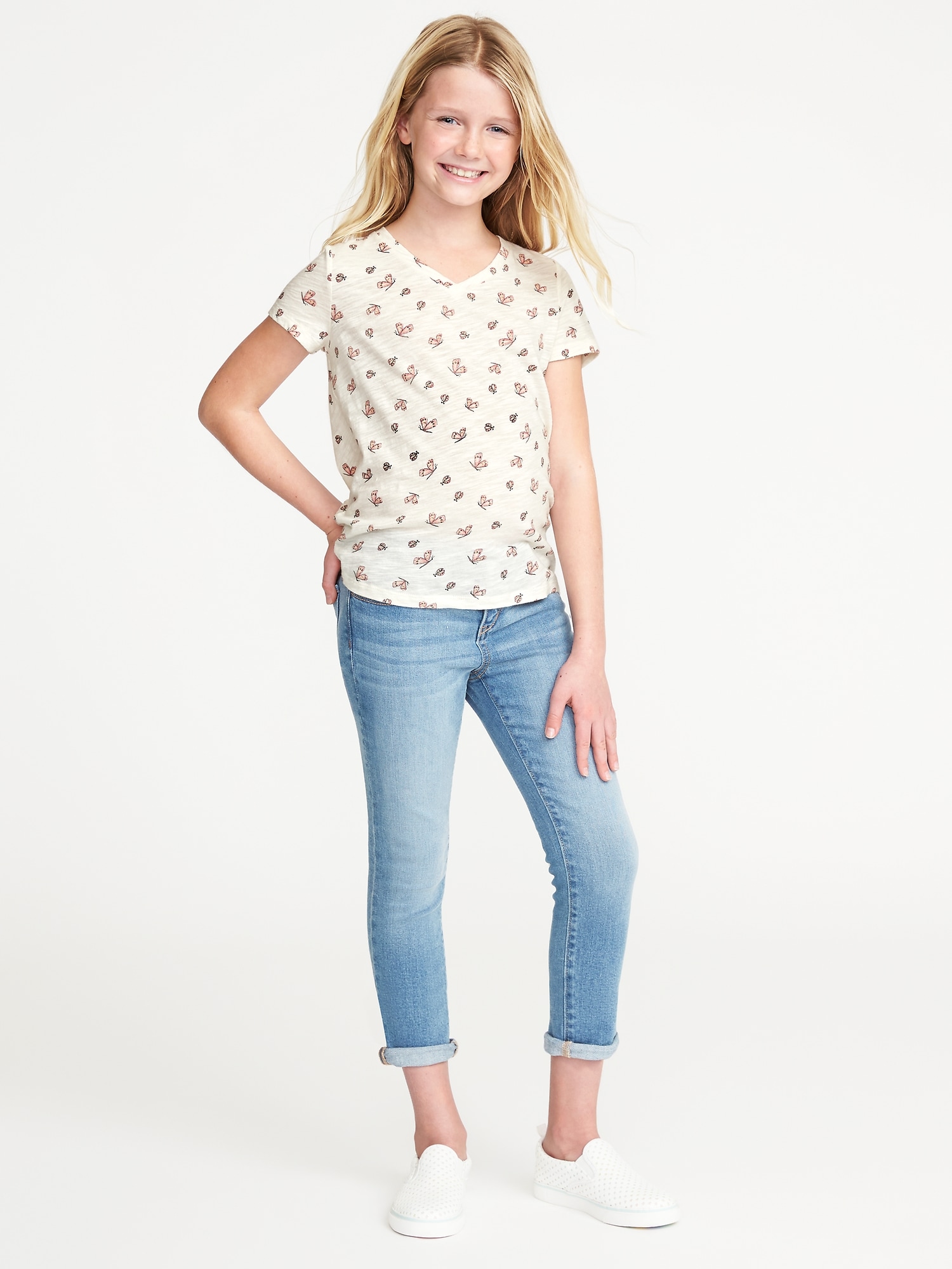 Butterfly Relaxed Slub-Knit V-Neck Tee for Girls | Old Navy