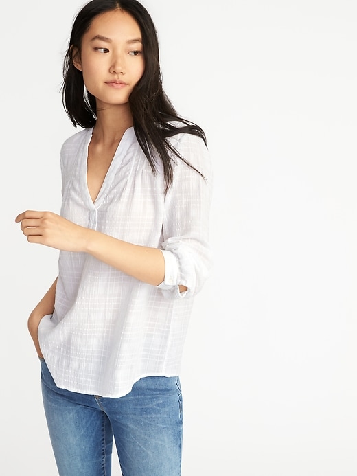 Image number 1 showing, Relaxed Dobby-Windowpane Popover Shirt for Women