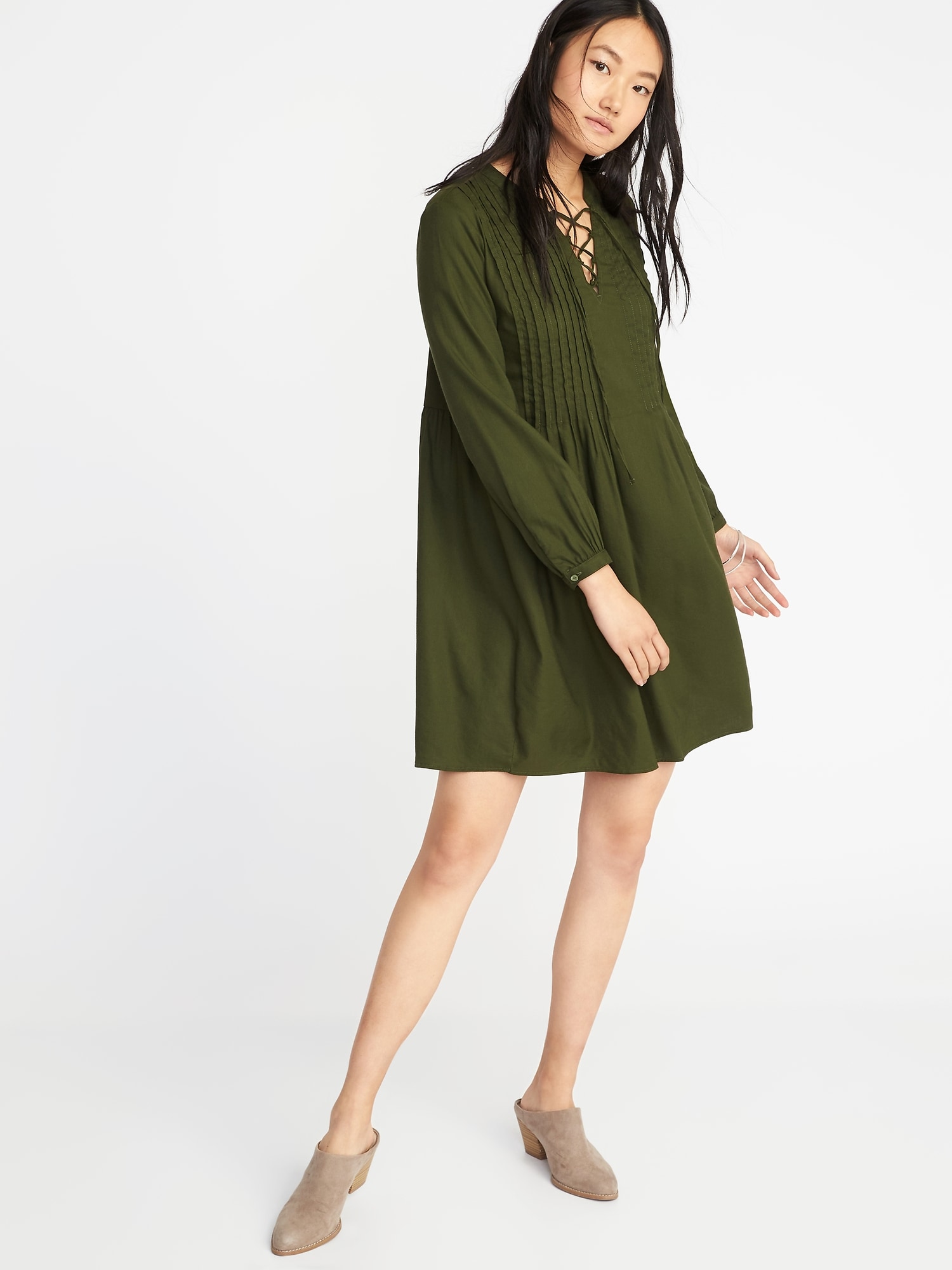 Lace-Up-Yoke Pintuck Swing Dress for Women | Old Navy