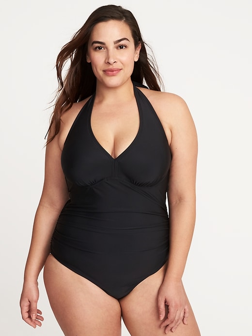 View large product image 1 of 1. Secret-Slim Plus-Size Halter Swimsuit