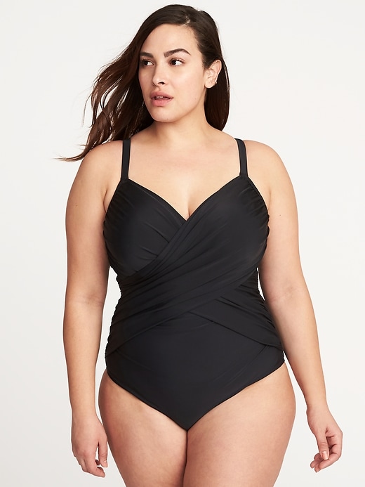 View large product image 1 of 1. Secret-Slim Plus-Size Wrap-Front Underwire Swimsuit