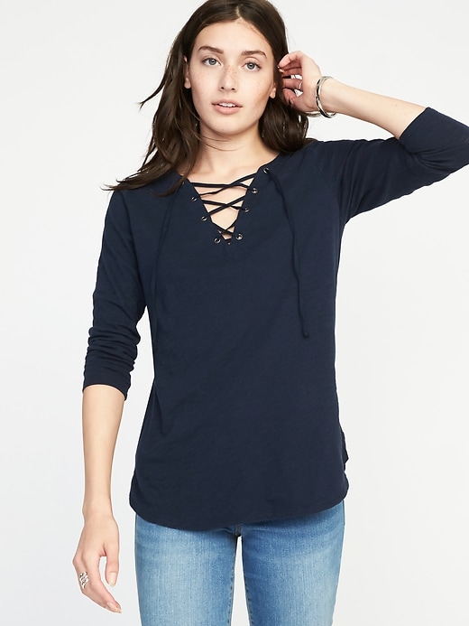 View large product image 1 of 1. Relaxed Lace-Up Mariner-Knit Top for Women