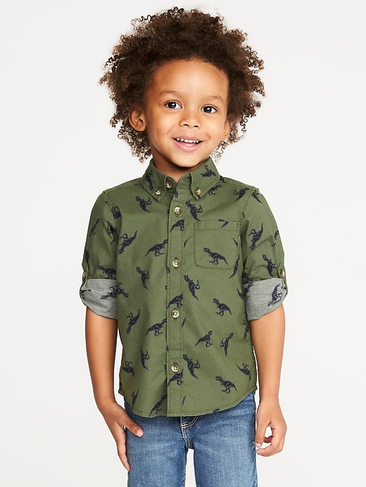 View large product image 1 of 4. Dinosaur-Print Roll-Sleeve Built-In Flex Shirt for Toddler Boys