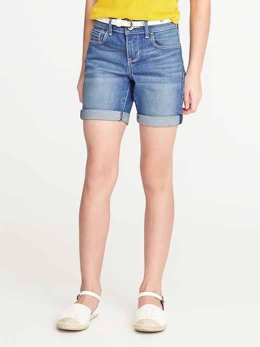 View large product image 1 of 1. Belted Rolled-Cuff Denim Shorts for Girls