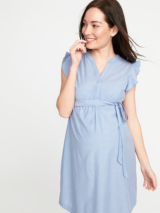 Image number 3 showing, Maternity Tie-Belt Flutter-Sleeve Shirt Dress