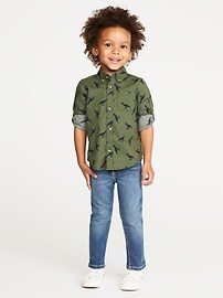 View large product image 3 of 4. Dinosaur-Print Roll-Sleeve Built-In Flex Shirt for Toddler Boys