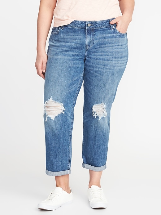 View large product image 1 of 2. Mid-Rise Plus-Size Boyfriend Skinny Distressed Jeans